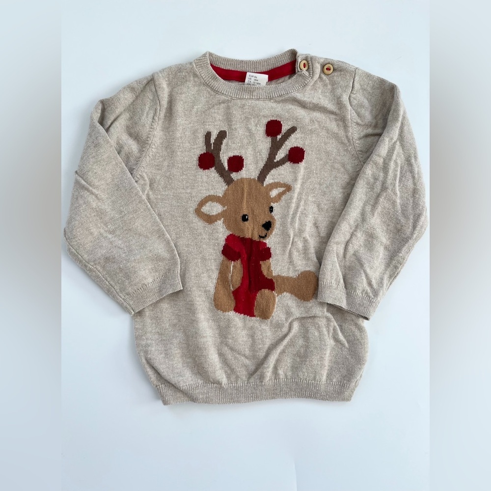 H&M Beige Reindeer Christmas Holiday Sweater with Red Accents
